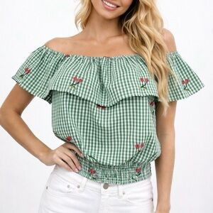 Kontrol Green Gingham Cherry Embroidered Off-The-Shoulder Top Size Medium